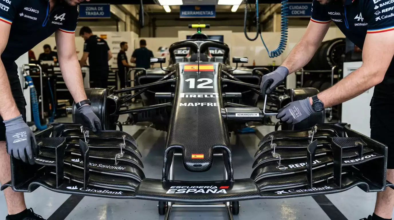 Detalle aerodinámico de un monoplaza de F1 bajo el reglamento 2026 con Active Aero